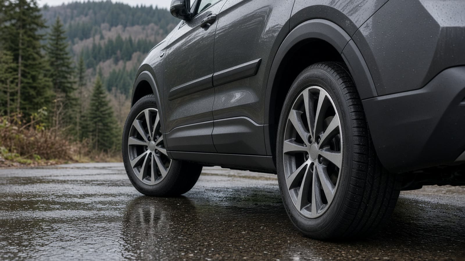 Lower door, rocker panel, and clean wheel well of a dark crossover on a damp grey October day in Burnaby, with rain sheen on the pavement