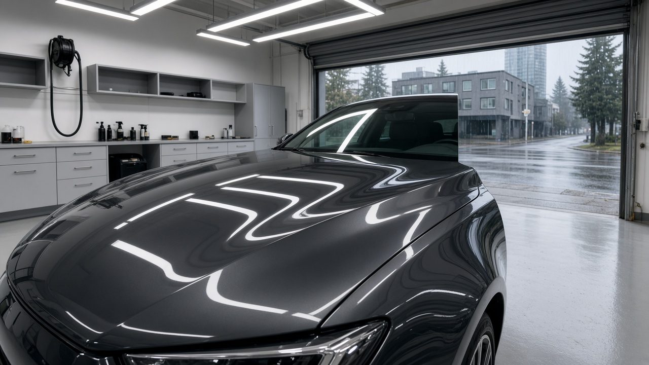 Freshly coated car paint under bright shop lights inside a clean detailing studio, with rain visible through the open bay door