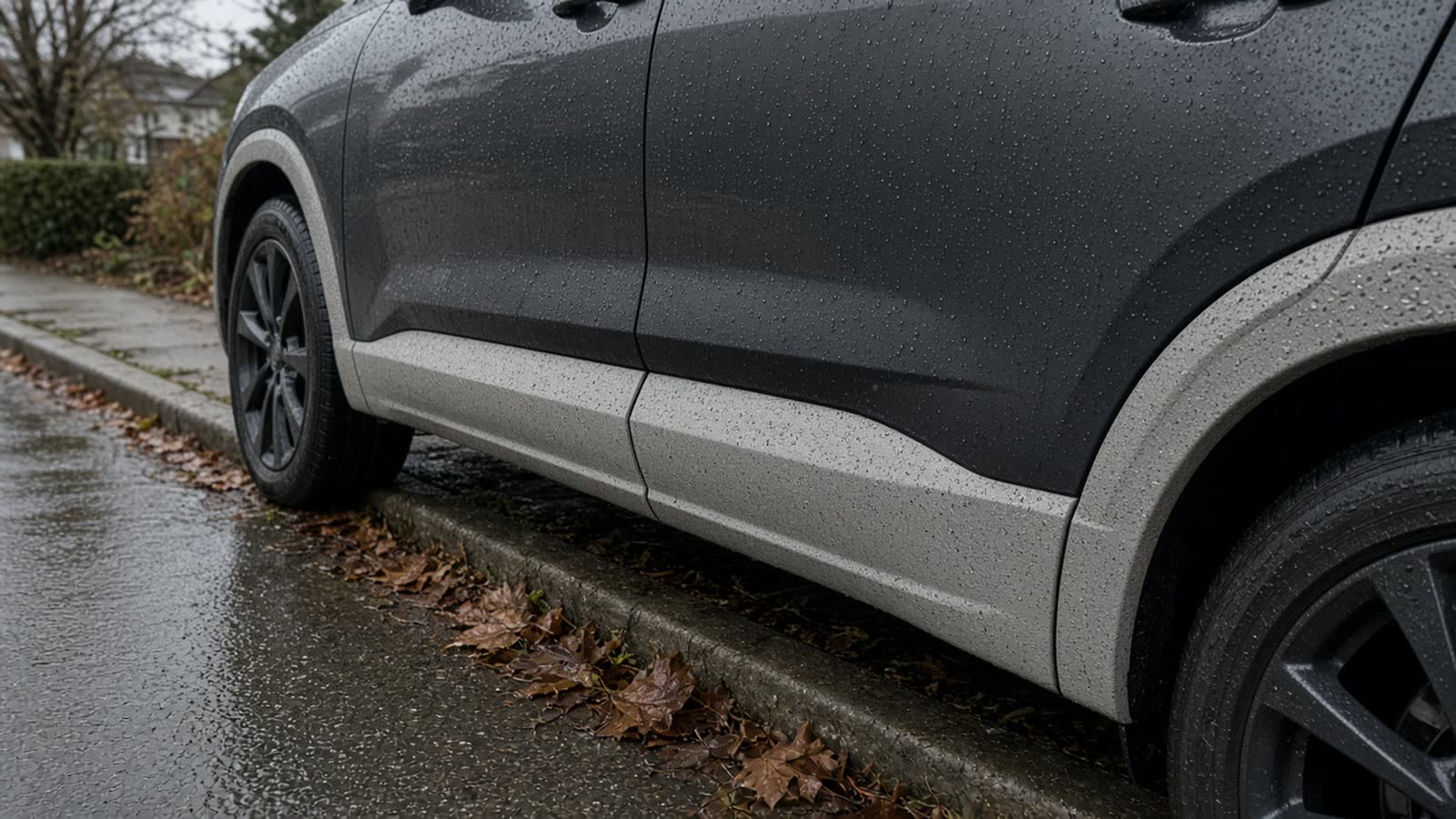 Chalky light-grey lower cladding and wheel-arch trim on a dark crossover parked on a wet, leaf-strewn street during a grey rainy October day in Metro Vancouver