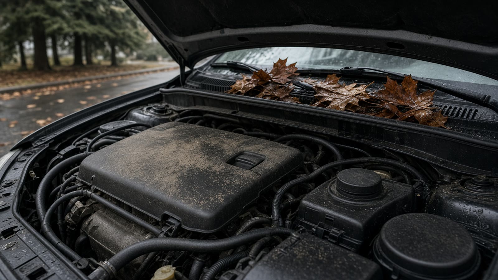 Open engine bay of a dark crossover on a grey rainy October day in Metro Vancouver, with road film on the plastic cover and wet leaves along the cowl