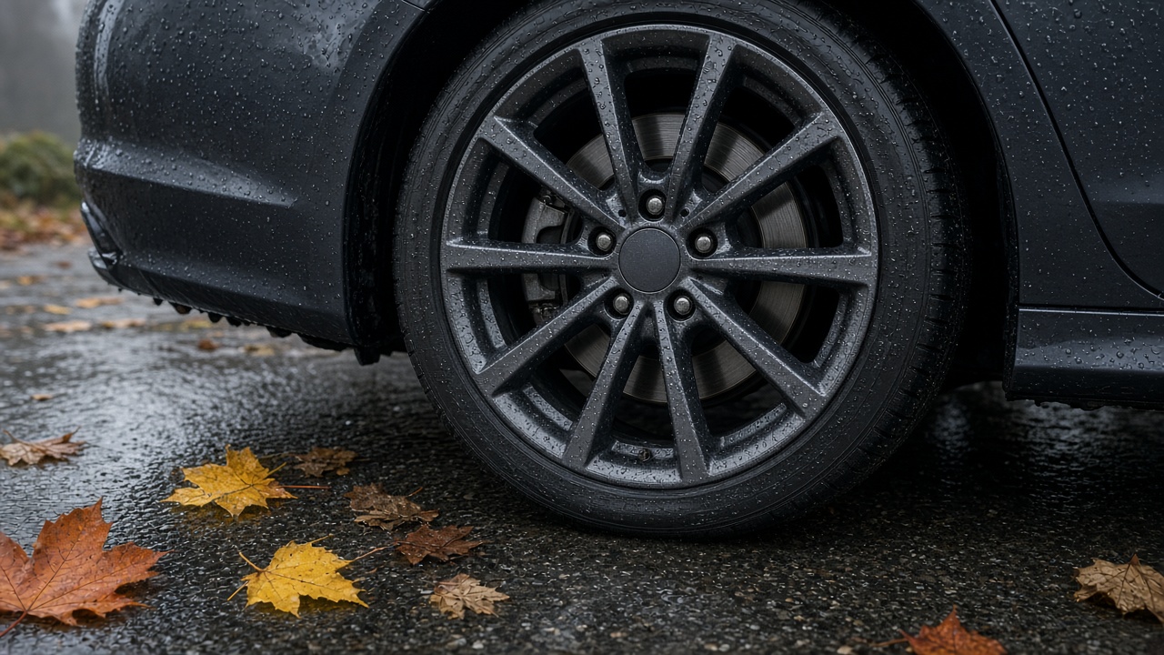 Clean alloy wheel face after mobile detailing on a damp October day in Metro Vancouver, with light rain on nearby pavement