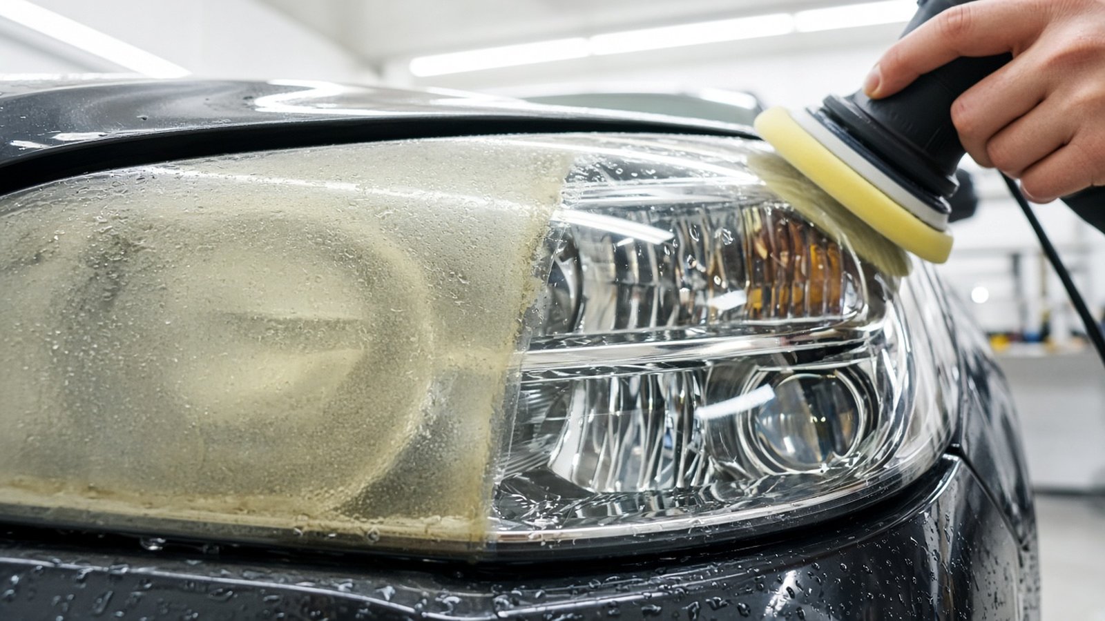 Cloudy yellowed headlight being sanded and polished under bright lights in a clean detailing shop bay