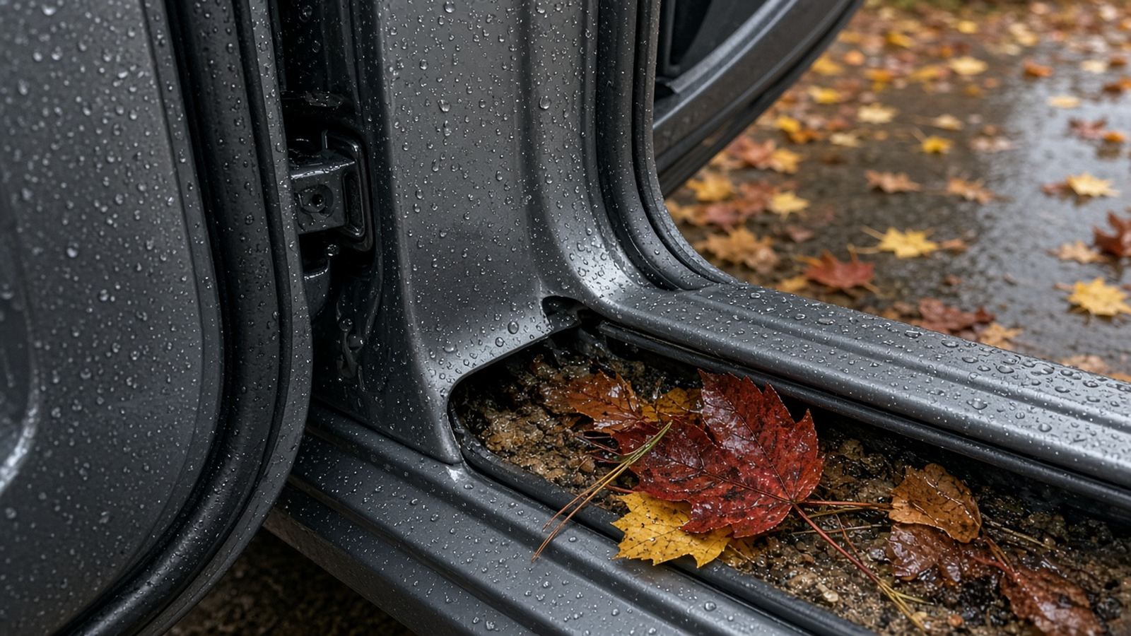 Open car door showing wet maple leaves and gritty water collected along the painted door jamb and sill on a rainy fall day.