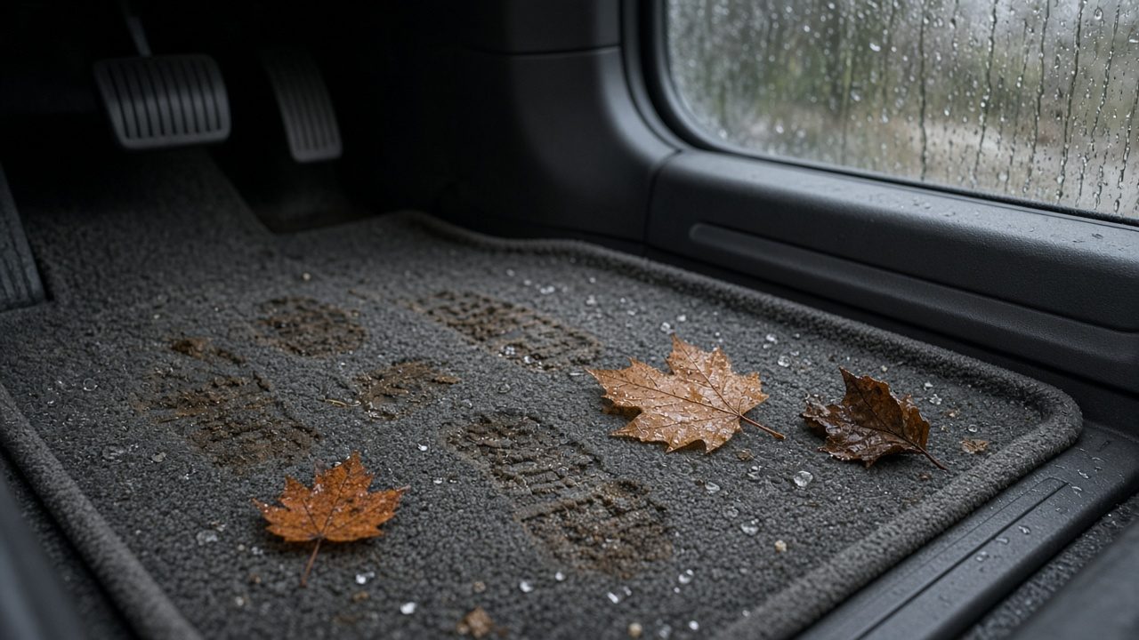 Damp carpeted floor mat with muddy shoe prints and wet leaves in the footwell of a car on a rainy fall day
