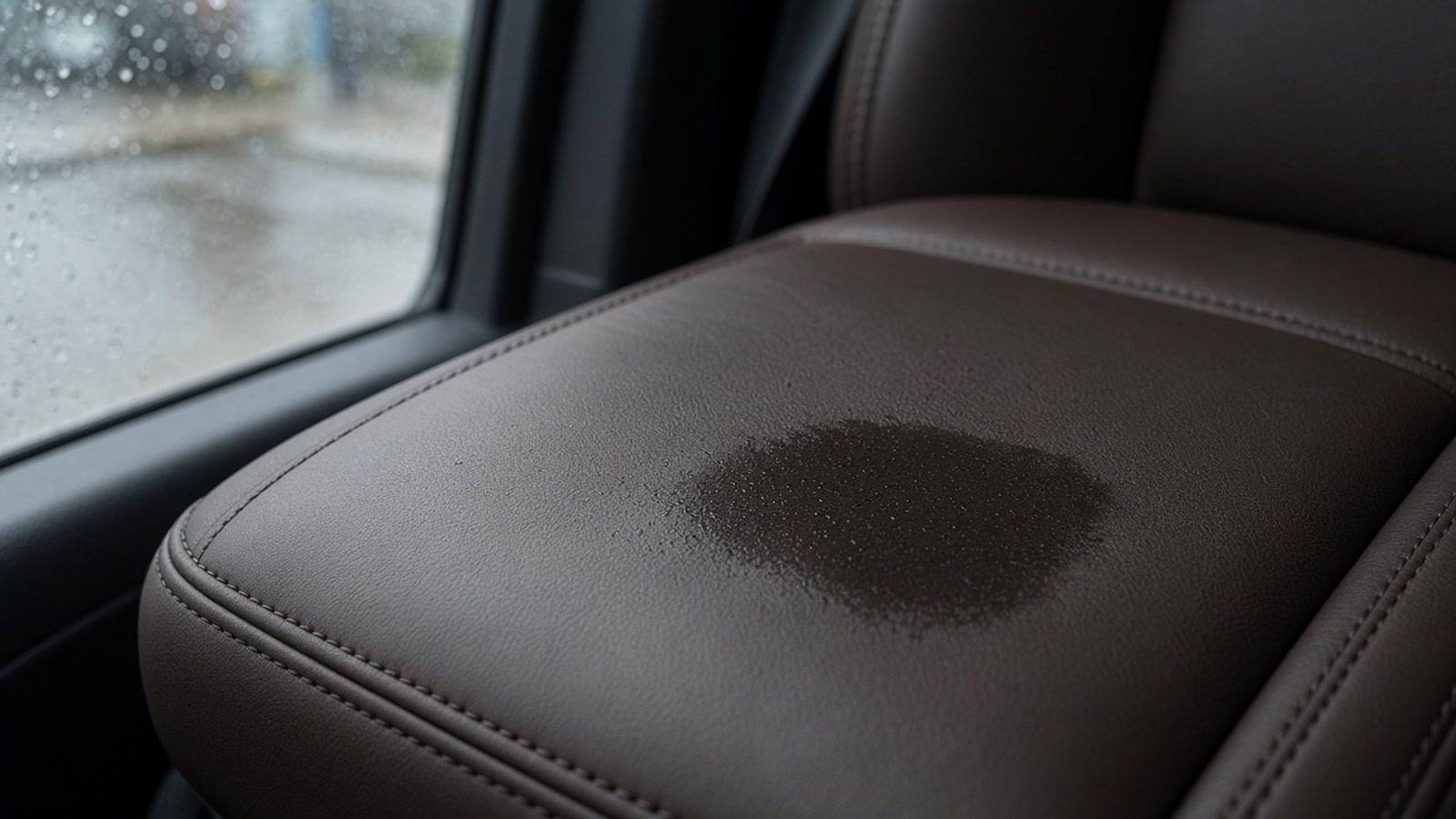 Dark leather car seat cushion with a damp patch, beside a rain-specked window on a grey October day in Metro Vancouver