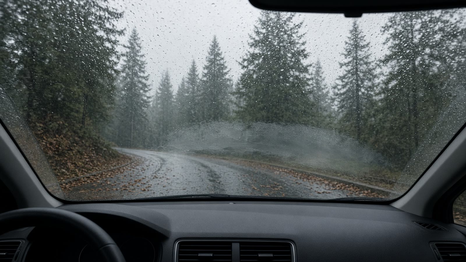 Fogged and smeared inside of a car windshield looking onto a wet street and evergreens on a grey October morning in Metro Vancouver