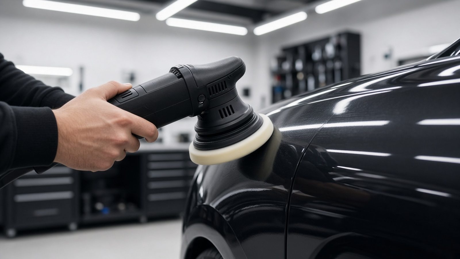 Detailer machine-polishing a car panel under bright shop lights before ceramic coating application