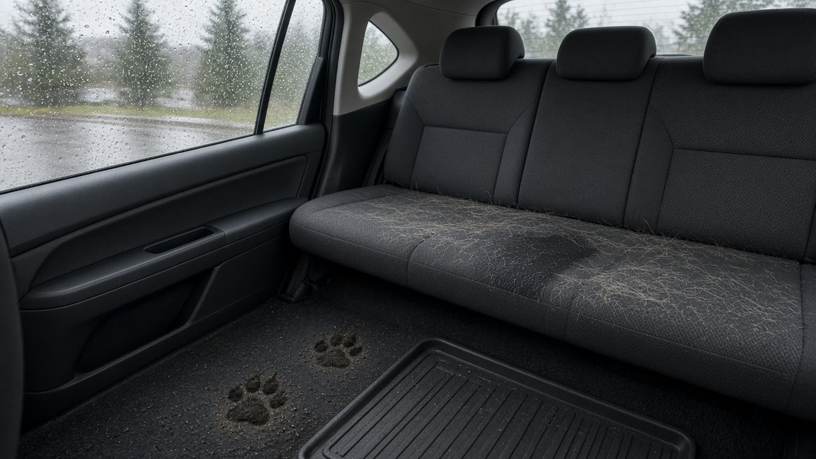 Rear cloth seat and carpet of a crossover on a grey rainy October day in Burnaby, with dog hair caught in the fabric and muddy paw prints on the floor