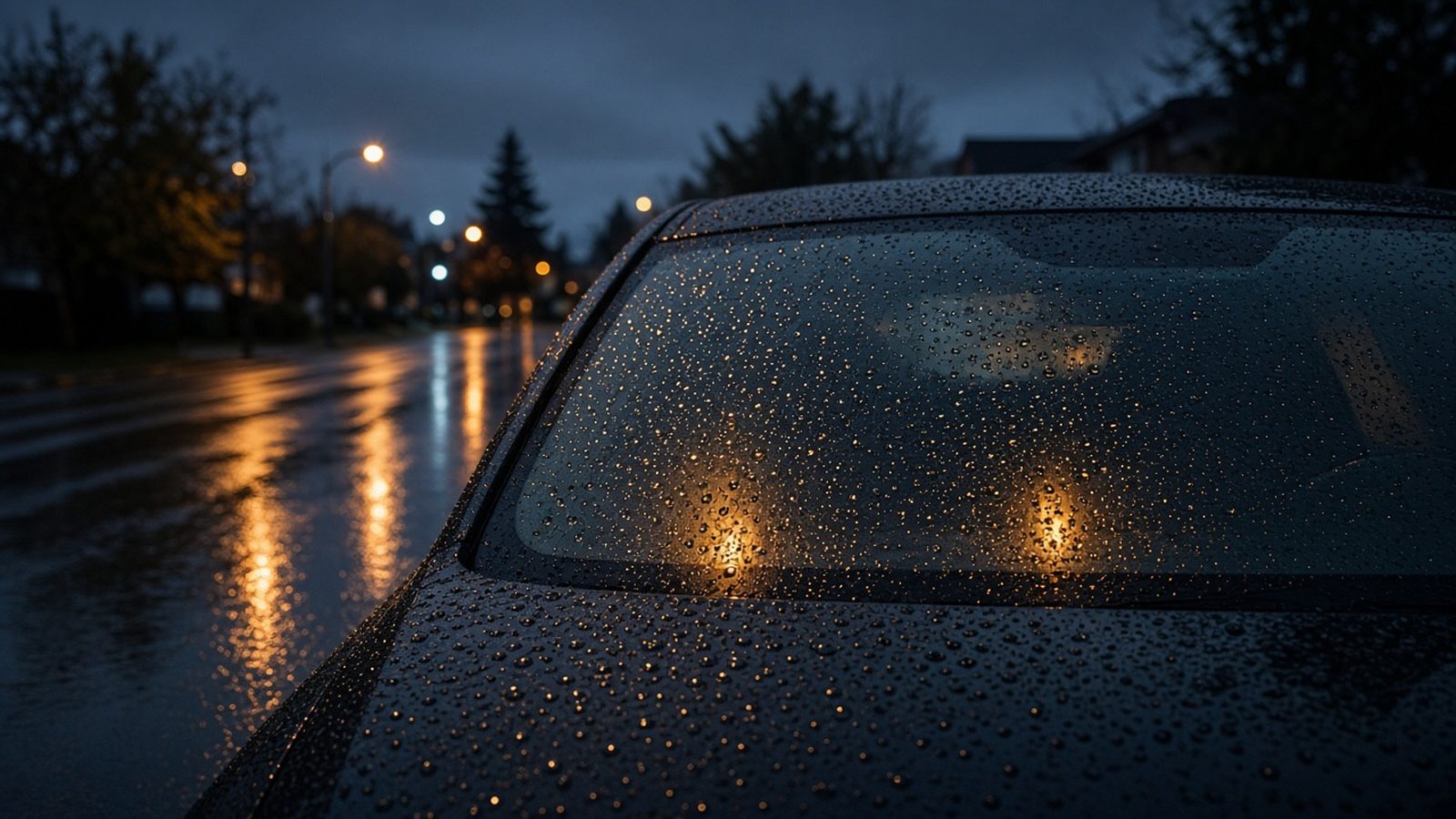 Car windshield beading rain at dusk on a wet Metro Vancouver street, with streetlight reflections on the glass and damp pavement