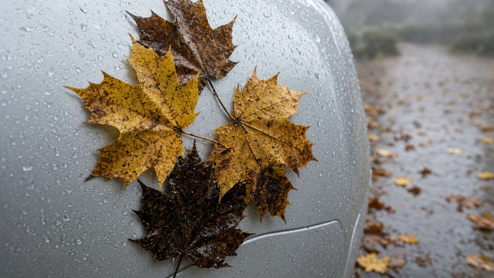 Wet maple leaves stuck to light silver car paint on a grey rainy October day in Metro Vancouver, with rainwater beading around the leaves