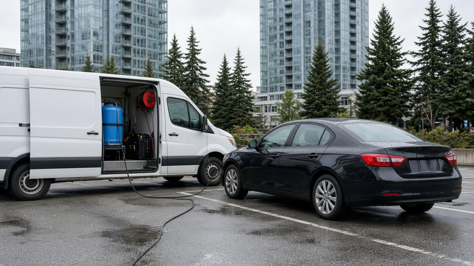 Mobile detailing setup beside a vehicle in a parking area